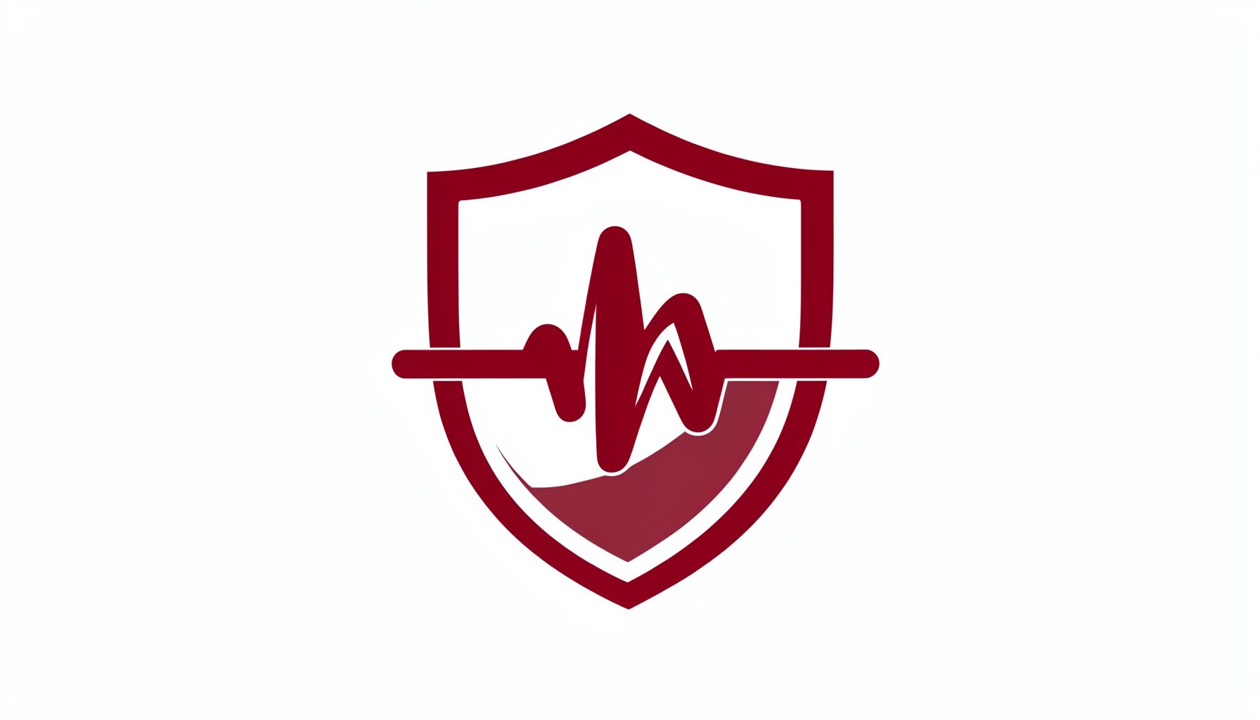 A minimalist public health emblem in deep crimson and white, featuring a stylized pulse line crossing a shield silhouette