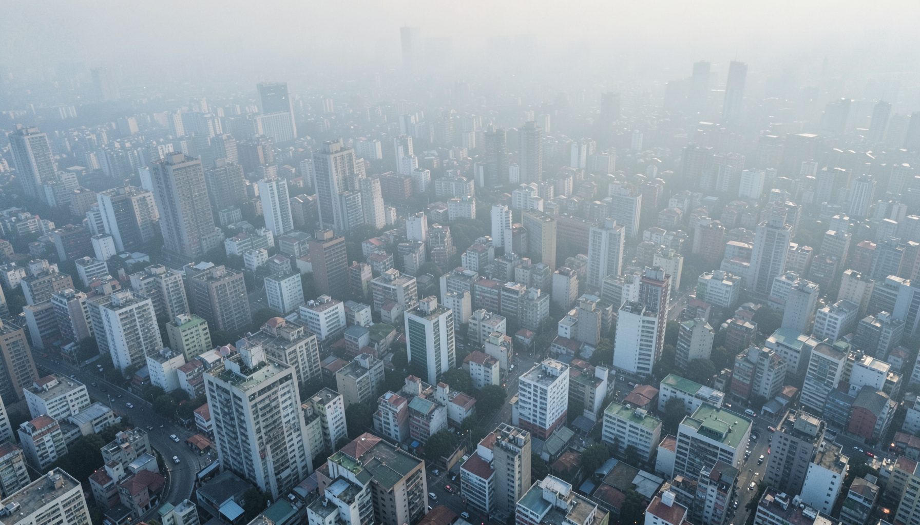 Aerial view of a dense urban area with soft morning haze, muted gray and pale blue tones